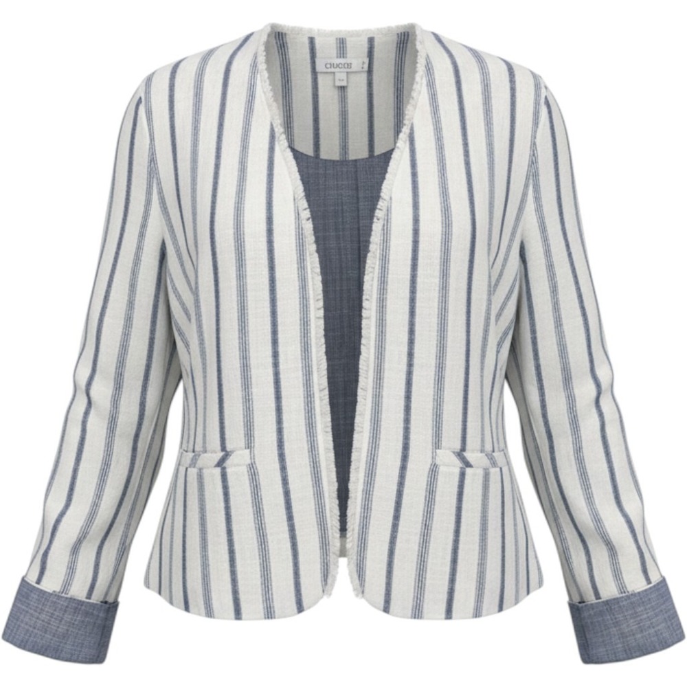 Chicos Blue White Striped Linen Open Front Blazer Jacket Frayed Trim Size 2 L 12